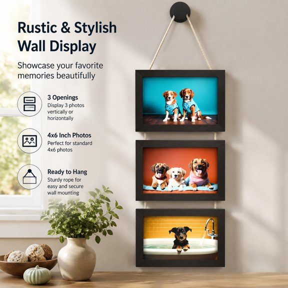 4x6 Inch Hanging Picture Frame with 3 Openings, Rustic Wood Wall Photo Frame for 4 Photos, Multi-Photo Display for Home Decor, Black