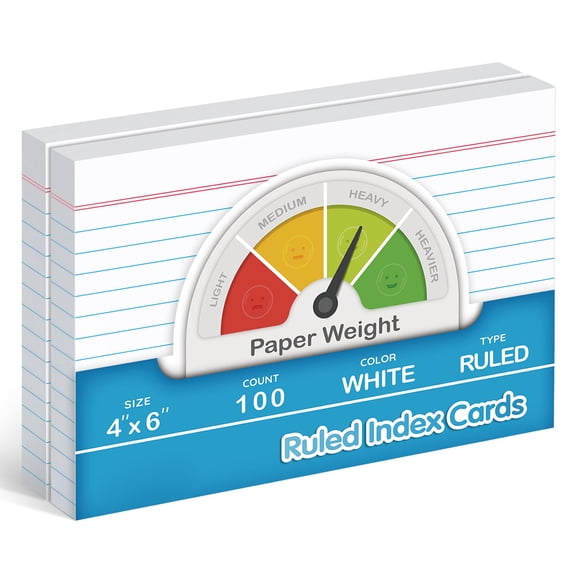 4x6 Inch Index Cards, 100 Pack Heavyweight Ruled Front Blank Back, 65 lb Cover Weight Paper, Smooth Writing Surface, White