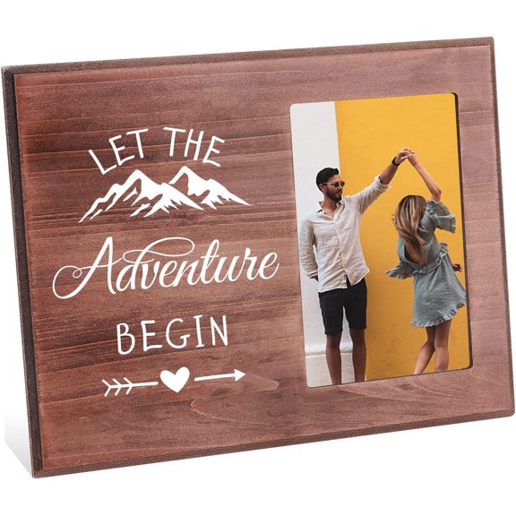 4x6 Inch Let The Adventure Begin Picture Frame Romantic Love Photo Frame with Snow Mountain & Love Arrow Pattern Saddle Brown Wood Photo Frame Gift DIY
