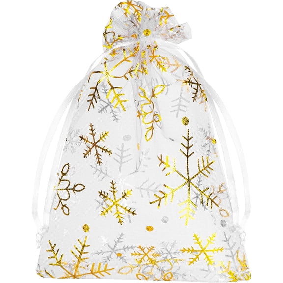4x6 Inch Organza Gift Bags, 100-Pack Snowflake Design Drawstring Pouches for Jewelry, Candy, Christmas Gifts