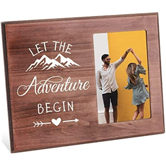 4x6 Inch Picture Frame Travel Picture Frame with Snow Mountain Love Arrow Pattern Saddle Brown Wood Photo Frame Rectangle Frame with "Let The Adventure Begin" Words