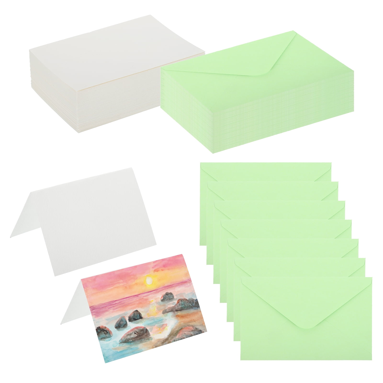 4x6 Inch Pure Cotton Watercolor Cards, 100 Sets Postcards with Envelopes 92lb/250 GSM for Art Painting Creative Thank Notes, Green