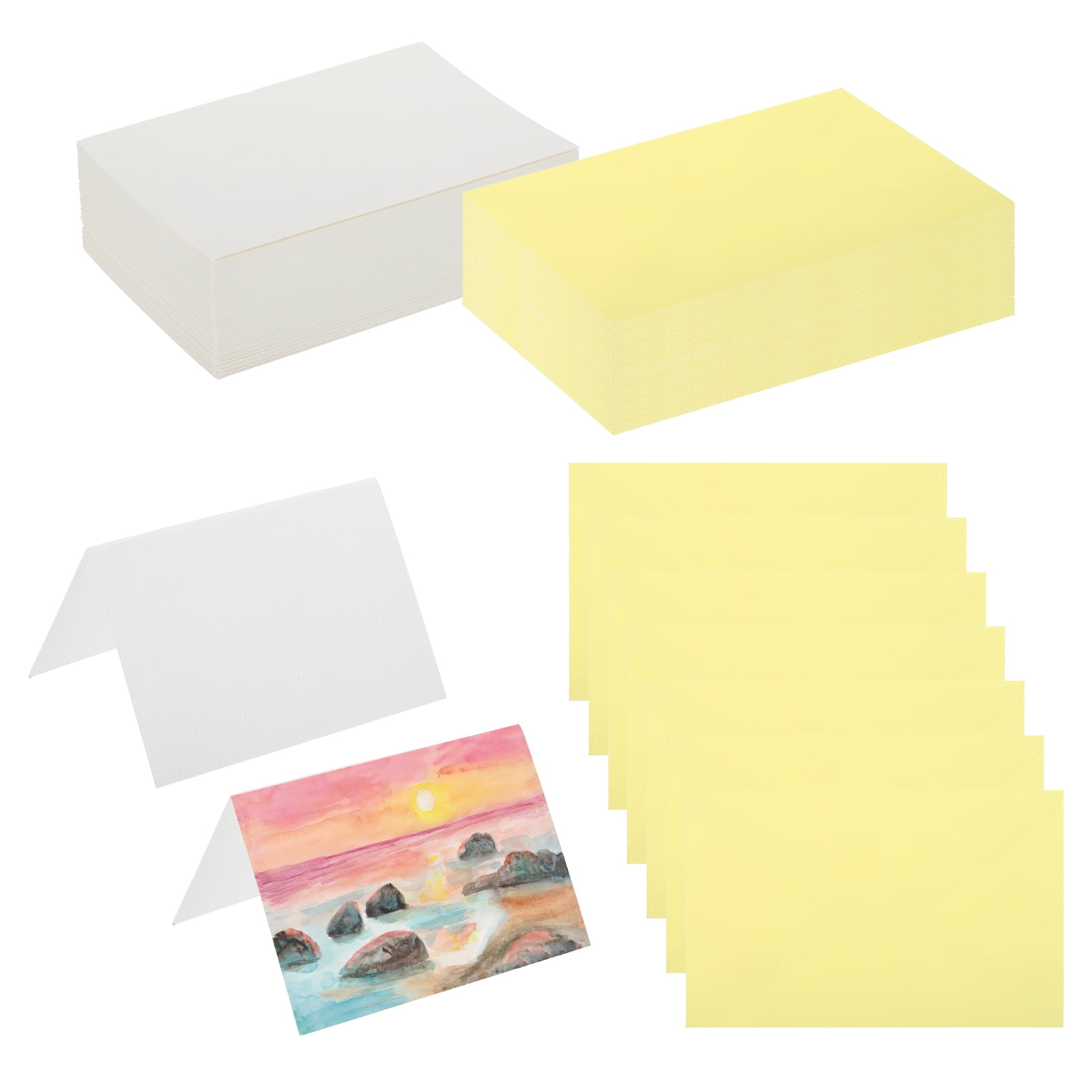 4x6 Inch Pure Cotton Watercolor Cards, 100 Sets Postcards with Envelopes 92lb/250 GSM for Art Painting Creative Thank Notes, Yellow
