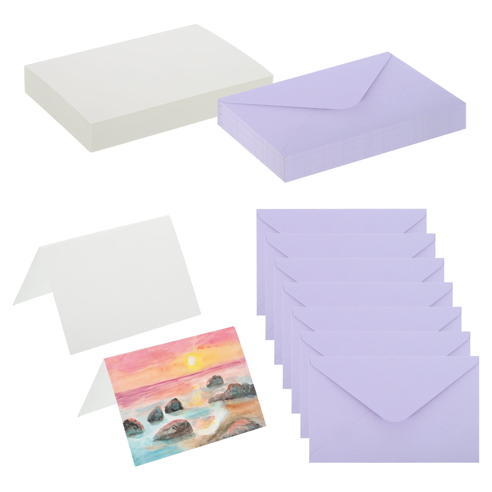 4x6 Inch Pure Cotton Watercolor Cards, 50 Sets Postcards with Envelopes 140lb/300 GSM for Art Painting Creative Thank Notes, Purple
