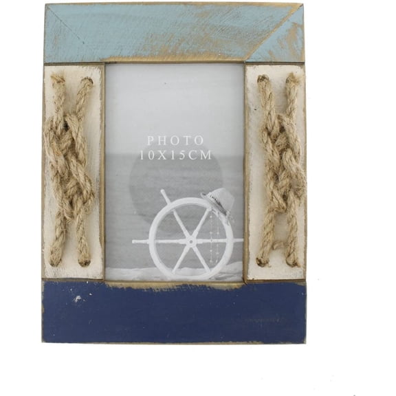 4x6 Inches Nautical Wood Family Picture Frame with Jute Rope Decoration (Blue C)