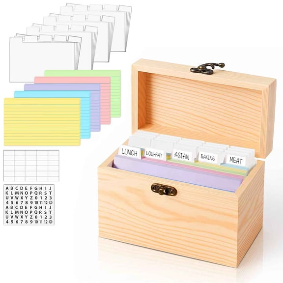 4x6 Index Card Holder Box Heavy-Duty Wooden Storage Organizer with Cards & Dividers Recipe, Study & Flash Card Organizer for Desk & Kitchen