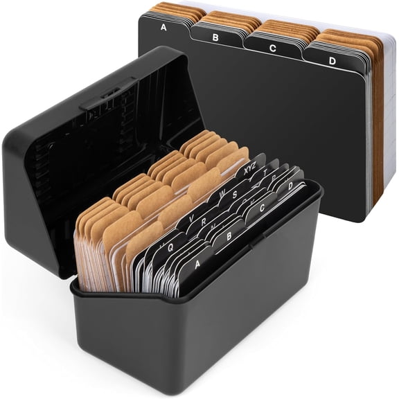 Alfion 4x6 Index Card Holder Set | 24 Black Alphabet Tab Dividers, 24 Blank Customizable Kraft Dividers, 50 Thick Ruled Index Cards 4x6