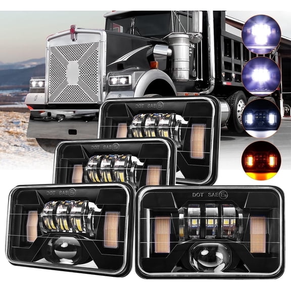 4x6 LED Lights High Low Sealed Beam with DRL Turn Signal Rectangular LED Light 4PCS for Trucks Kenworth Freightliner with H4651 H4652 H4656 H4666