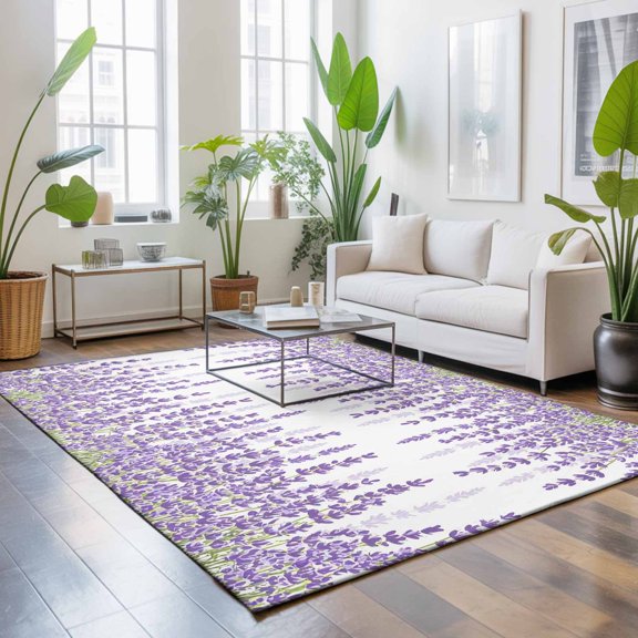 4x6 Lavender Floral Area Rug for Living Room, Washable Non Slip Low Pile Soft Indoor Rug for Bedroom Dining Room, Purple Flower Plants Coffee Table Rug