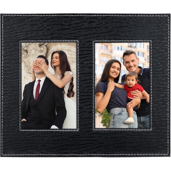 4x6 Leather Double Picture Frame - Black Tabletop Display Photo Frame for Couple Families Wedding Christmas Anniversary Birthday Gift