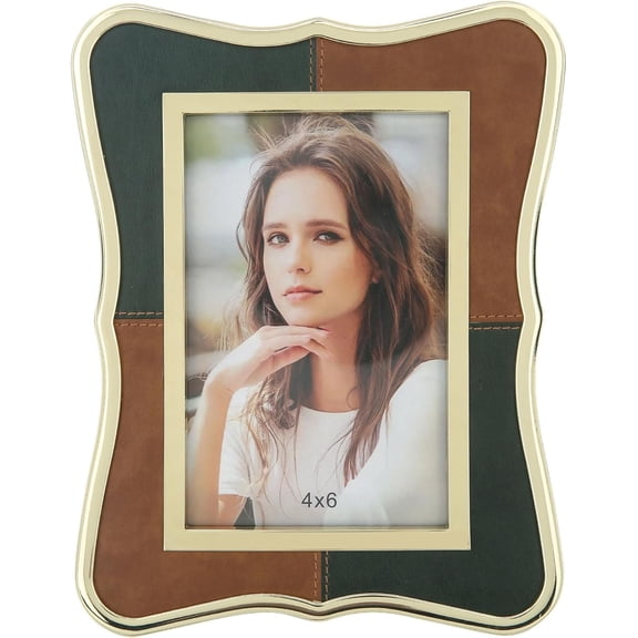 4x6 Metal Leather Picture Frame,Pretty Photo Frame with Gold Edge, Clear Glass Front, Unique Gifts for Marriage Couple Anniversary Graduation Horizontal&Vertical,Photo Display,Gift Ideas