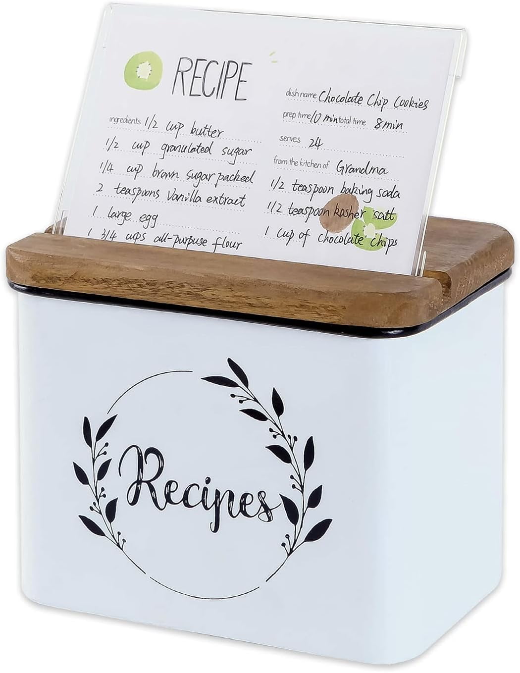 4x6 Metal Recipe Box Kitchen Organization with 24 Cards and 8 Dividers, White