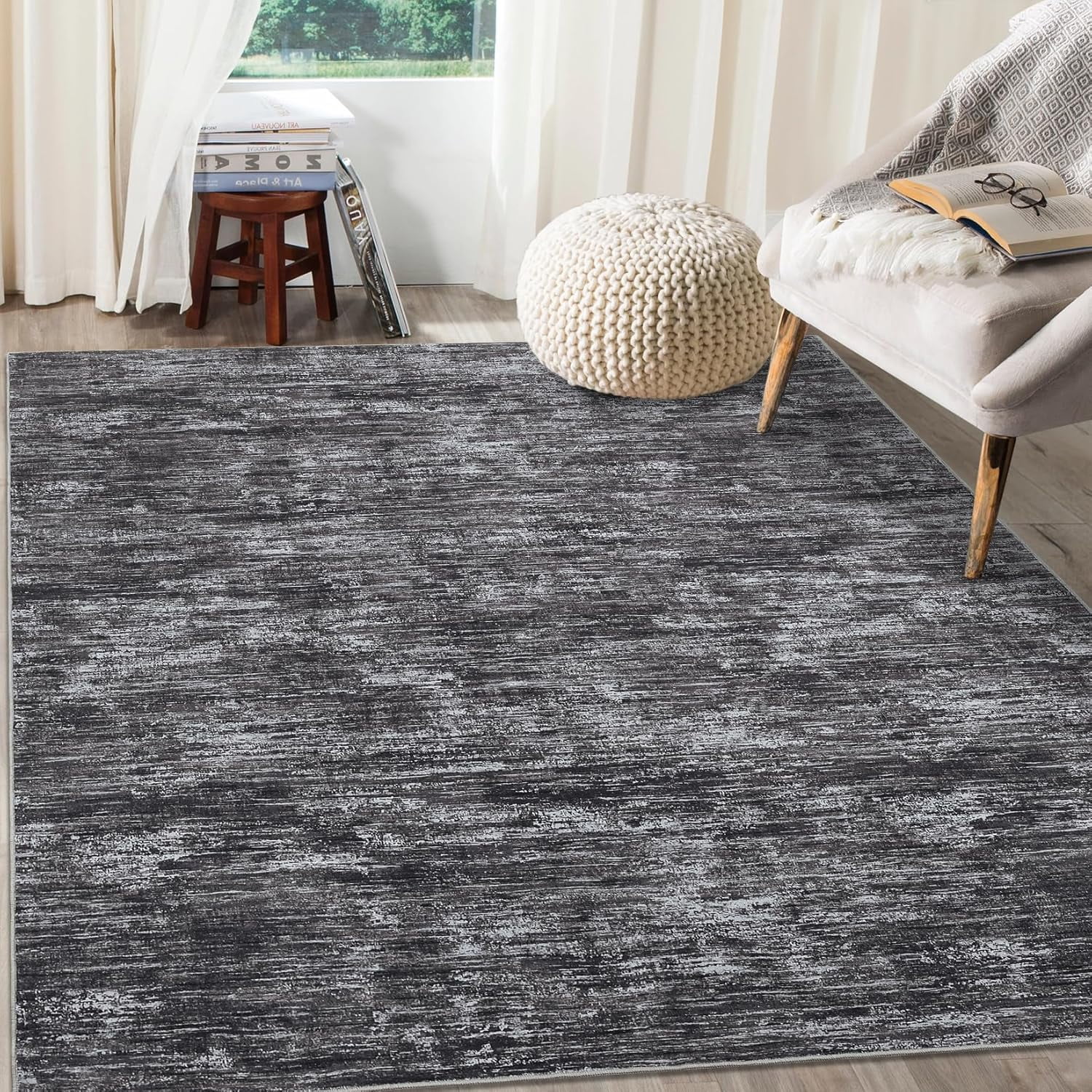 4x6 Modern Abstract Area Rug, Stain Resistant, Non-Slip, Small Contemporary Dining Solid Accent Rug, Dark Grey.