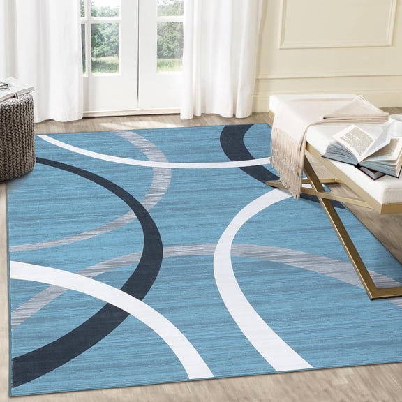 4x6 Modern Area Rug, Machine Washable, Non-Slip, Swirls and Circles, Ultra-Thin, Low Pile Abstract Print Rug for Kitchen, Bedroom, Living Room, Blue.