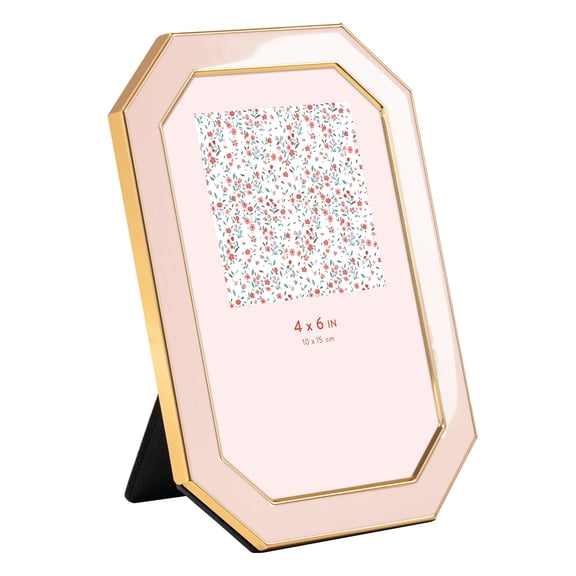 4x6 Octagon Picture Frame, HD-Tempered Glass Front, Gold Metal Edge, Velvet Backing, Tabletop Display, Wall Mountable, Pink