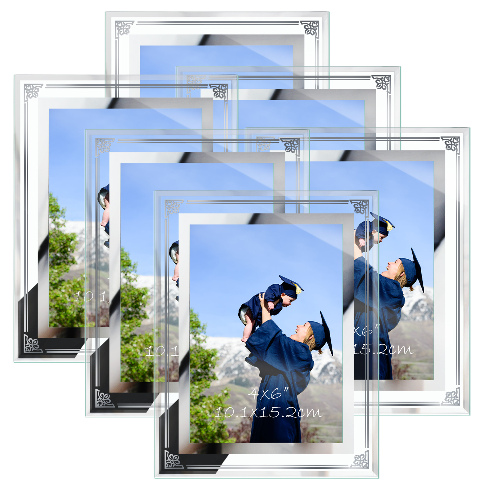 4x6 Ornate Picture Frame Set of 6, Glass Photo Frames 4 by 6, Silver