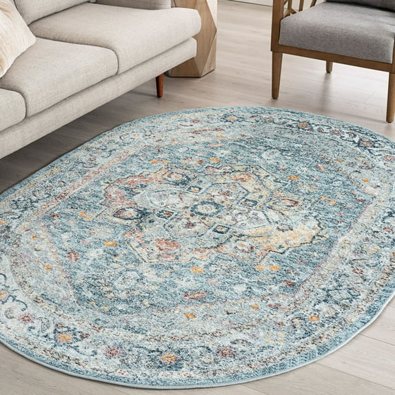 4x6 Oval Traditional Gray Blue Oval Area Rugs for Living Room | Bedroom Rug | Dining Room Rug | Indoor Entry or Entryway Rug | Kitchen Rug | Alfombras para Salas 4' x 6' Oval
