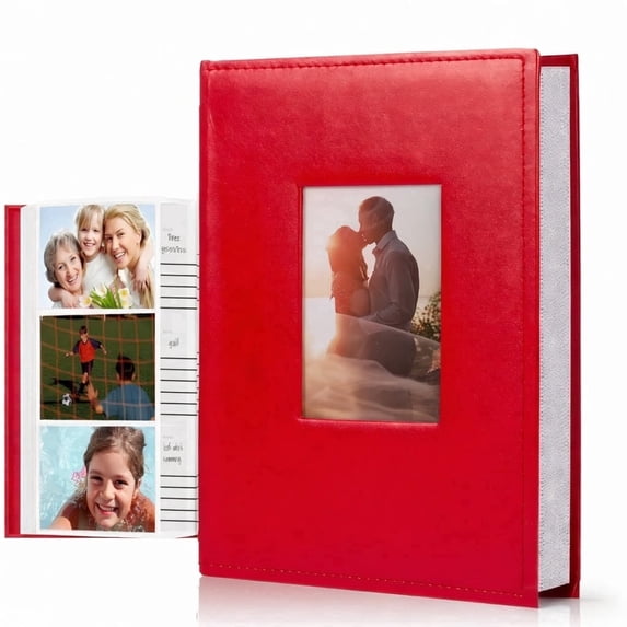 4x6 Photo Album Holds 300 Pictures, Leather Cover with Front Window, Large Capacity Slip-in Picture Albums with Horizontal Pockets for Wedding Kids Travel Anniversary Family Baby Photo Books, Red