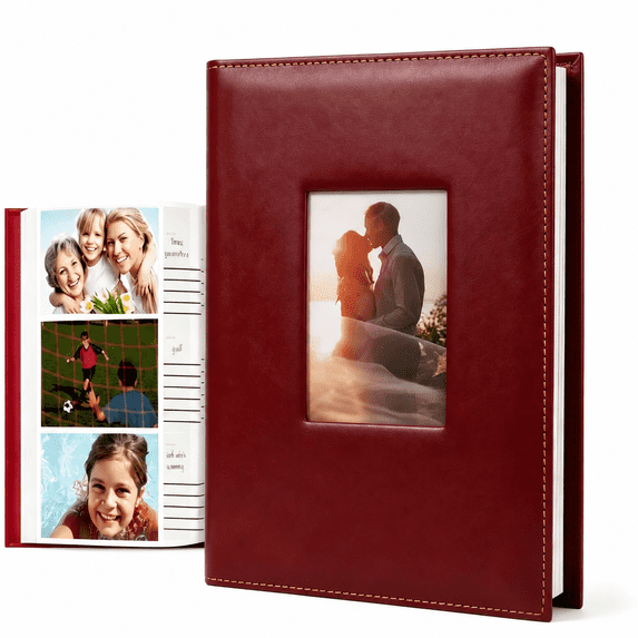 4x6 Photo Album Holds 300 Pictures, Leather Cover with Front Window, Large Capacity Slip-in Picture Photo Books with Horizontal Pockets Memo Recording for Wedding Travel Family Baby, Dark Red