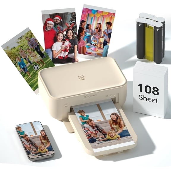 4x6 Photo Printer with 108 Sheets & 2 Ribbons - Dye Sublimation Wireless Portable for iPhone Android Smartphones, Home Travel Picture Printing, Ideal Gift, Beige