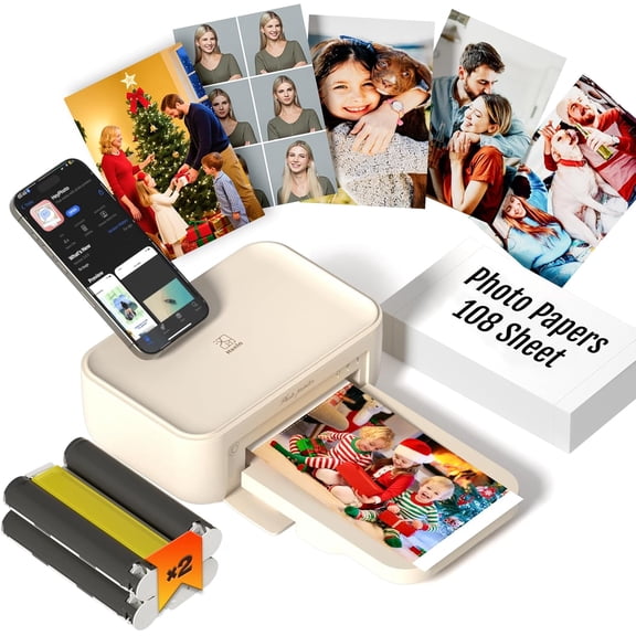 4x6 Photo Printer, CP4100 Instant Printer for iPhone & Android with 108 Sheets 2 Cartridges, Wireless Portable Picture 300DPi Thermal Dye Sublimation, Beige
