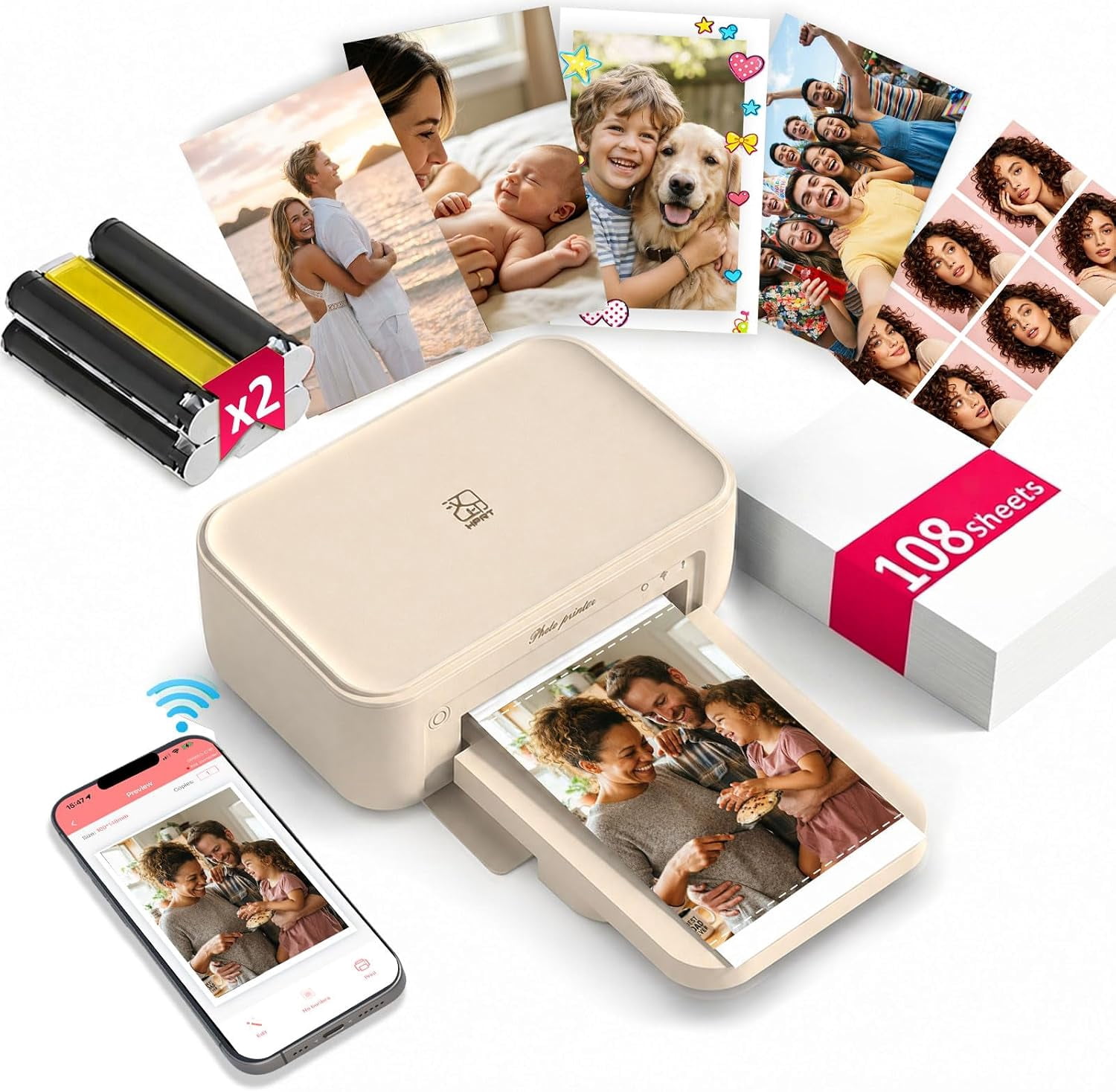 4x6 Photo Printer, CP4100 Phone Printer 108 Sheets & 2 Cartridges ...