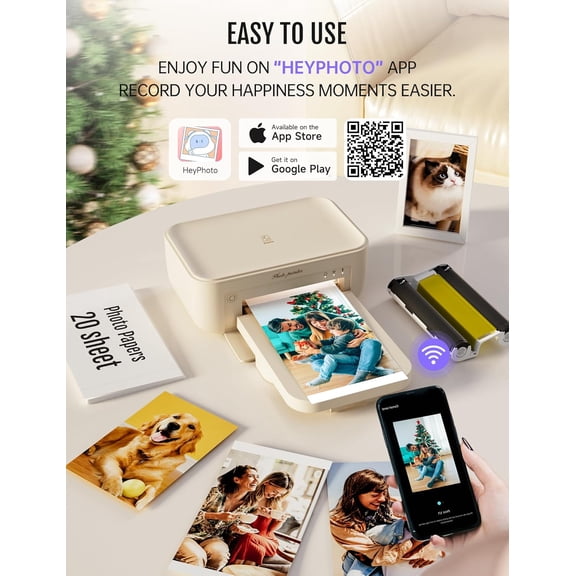 4x6 Photo Printer CP4100 Wireless Portable Picture Printer for iPhone Android with 108 Sheets & 2 Cartridges 300Dpi Thermal Dye Sublimation Beige