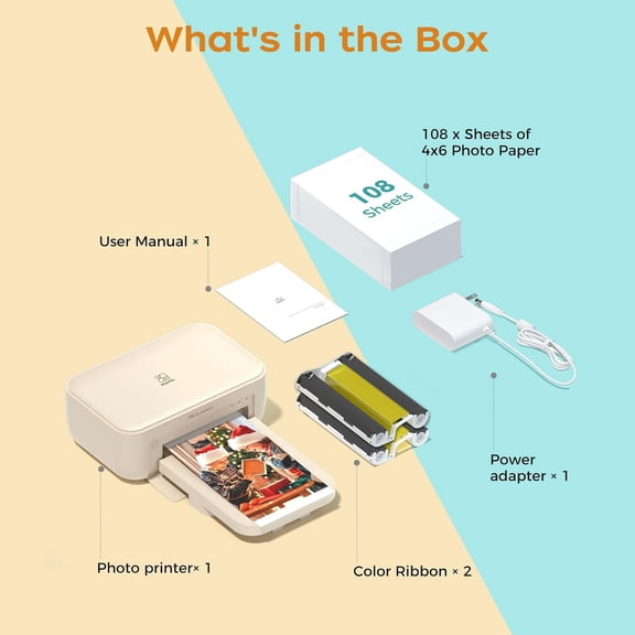 4x6 Photo Printer with 108 Sheets & 2 Ribbons - Dye Sublimation Wireless Portable for iPhone Android