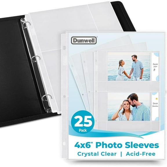 4x6 Photo Sleeves for 3-Ring Binder, (Horizontal, 25 Pack) 100 Pictures, Each Sheet Holds Four 4 x 6 Pictures or Postcards, Acid-Free Poly Album Refill Pages