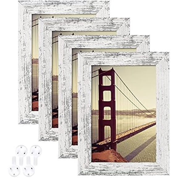 4x6 Picture Frame Distressed White Wood Pattern Set of 4,Display Pictures 3.5x5 with Mat or 4x6 Without Mat, Horizontal and Vertical Formats for Wall and Table Mounting