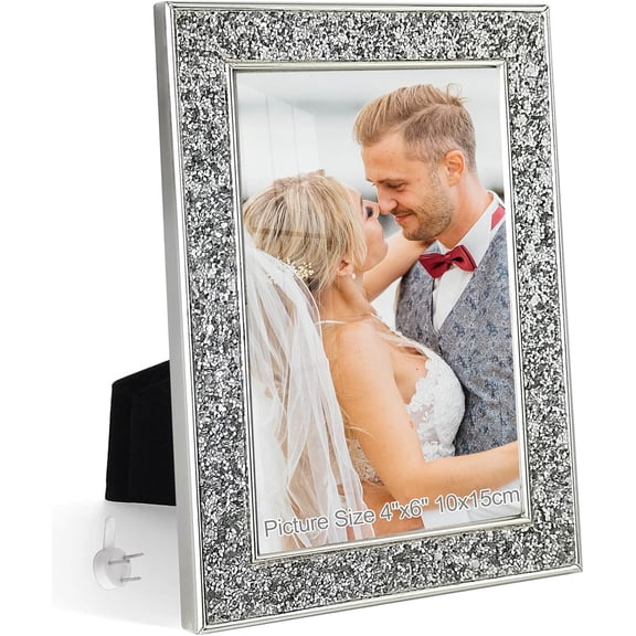 4x6 Picture Frame Glitter, Silver Bling 4 by 6 Photo Frames with HD Real Glass, for Wall or Tabletop Display, Family Friends Wedding Mother's Day Gift (4 x 6, Silver)