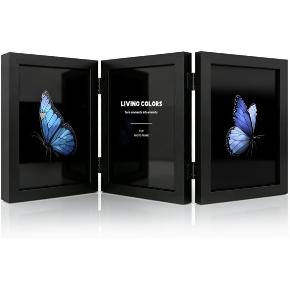 4x6 Picture Frame Hinged, Triple Picture Frames Fold, Wood Photo Frame for Tabletop or Desktop Display Vertically, Black