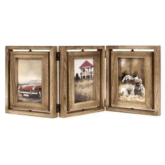 4x6 Picture Frame Rustic Wood Hinged Folding Triple Picture Frames Collage, Double-Sided Display Rotatable High Definition Glass Photo Frame for Home TableTop(Carbonized Black)