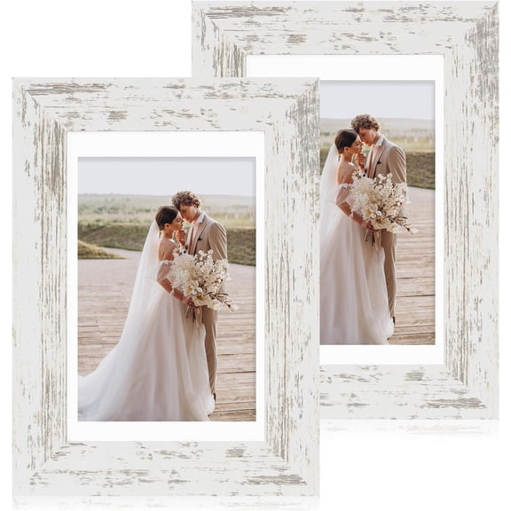 4x6 Picture Frame Set of 2, Made of Real Glass and Distressed White Wooden Frame - Display Pictures 3.5x5 with Mat or 4x6 Without Mat, 4 by 6 Photo Frame for Wall or Tabletop Display