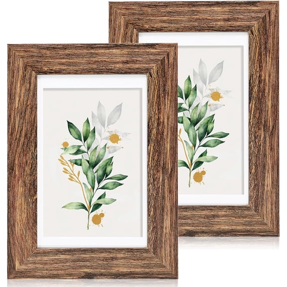 4x6 Picture Frame Set of 2, Made of Real Glass and Rustic Brown Wooden Frame - Display Pictures 3.5x5 with Mat or 4x6 Without Mat, 4 by 6 Photo Frame for Wall or Tabletop Display