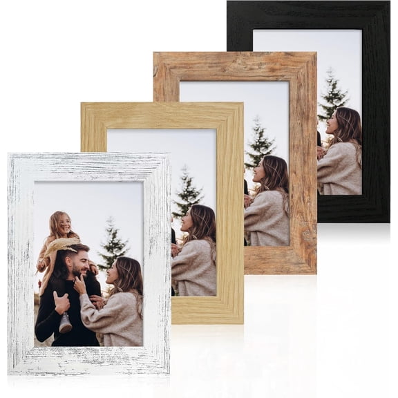 4x6 Picture Frame Set of 4, High Definition Real Glass 4 x 6 Photo Frames for Tabletop Display and Wall Mounting (Distressed White+Oak+Rustic Brown+Black)