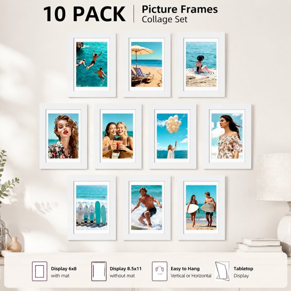 4x6 Picture Frame Set of 10, Multi Photo Frames Collage for Wall or Tabletop Display, Includes 3.5x5 with Mat or 4x6 Without, White Home Decor Frames