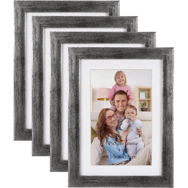 4x6 Picture Frame Set of 4, Antique Silver Frames with Mat for Wall and