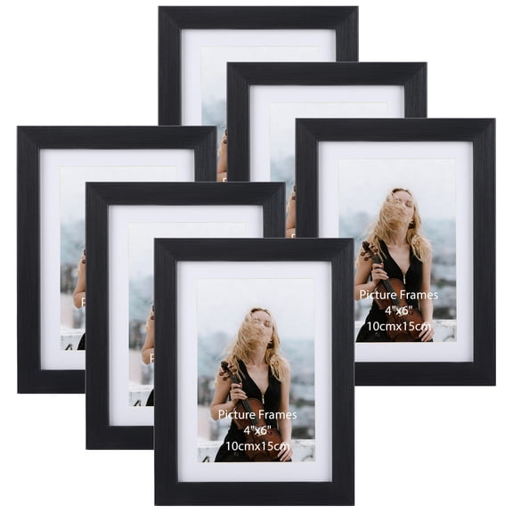 4x6 Picture Frame Set of 6, Black Frame Matted for 4x6 or 5x7 Photos, Wall or Tabletop