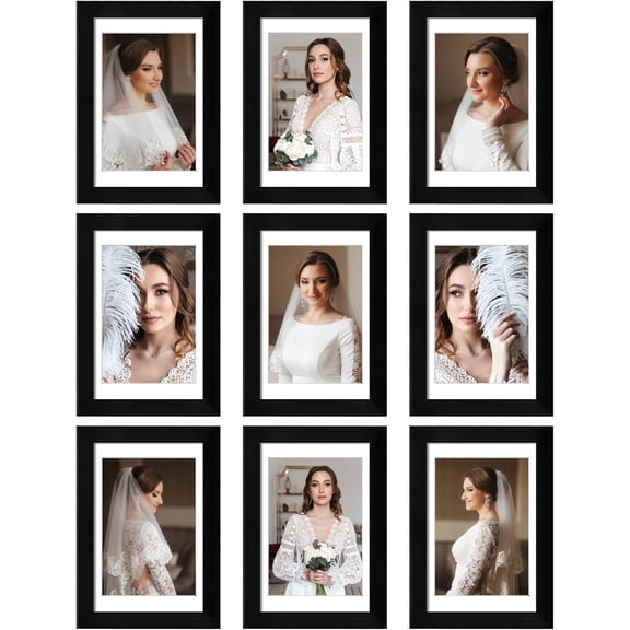 4x6 Picture Frame Set of 9, Display Pictures 3.5x5 with Mat or 4x6 without Mat, Multi Collage Gallery Square Photo Frames for Wall or Tabletop, Black