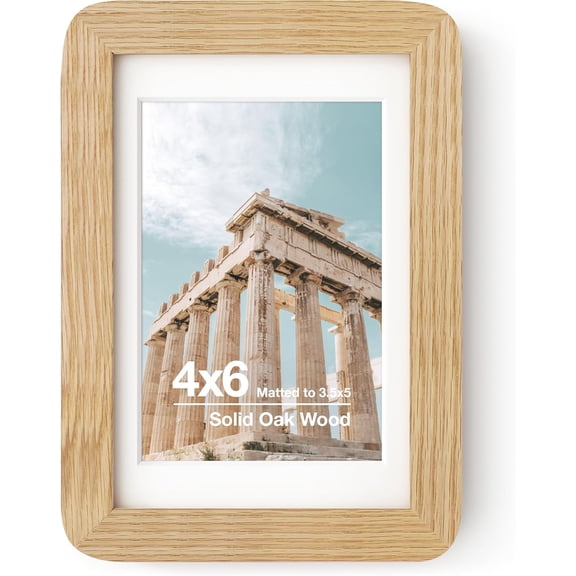 4x6 Picture Frame | Solid Oak Wood 4''x6'' Frame With Mat For 3.5x5 | Plexiglas And Hanging Hardware Included | Natural Oak, 1 Pack