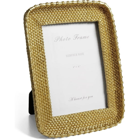 4x6 Picture Frame Vintage Gold Metal Rattan Textured Hand-Crafted Photo Frame with Glass Front, Antique Picture Frame for Tabletop Display , Retro Design Home Decor