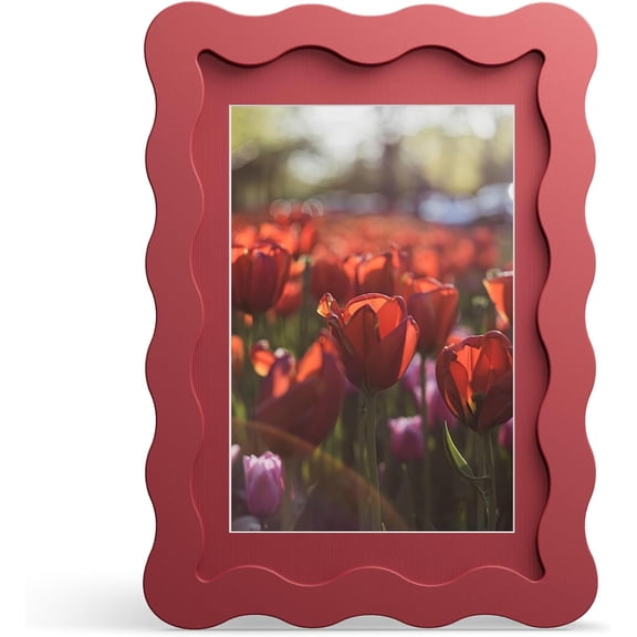 4x6 Picture Frame with Mat for 3.5x5, Wavy Edge Wooden Real Glass Photo Frame for Tabletop and Wall Hanging, Red, 1 Pack