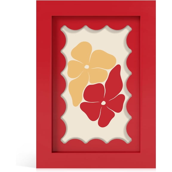 4x6 Picture Frame with Real Glass, Wooden cute 4 x 6 Photo Frame with Wavy Mat for Tabletop and Wall Hanging, Red, 1 Pack