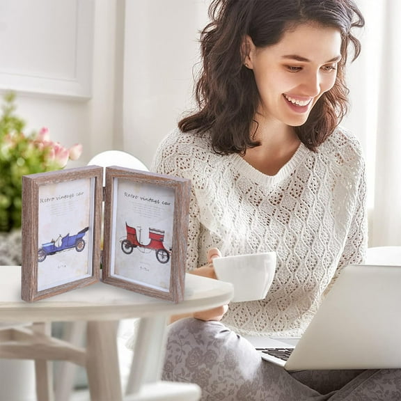 4x6 Picture Frames Double Hinged MDF Wood Grain with Glass Front Stand Vertical on Tabletop(Brown)