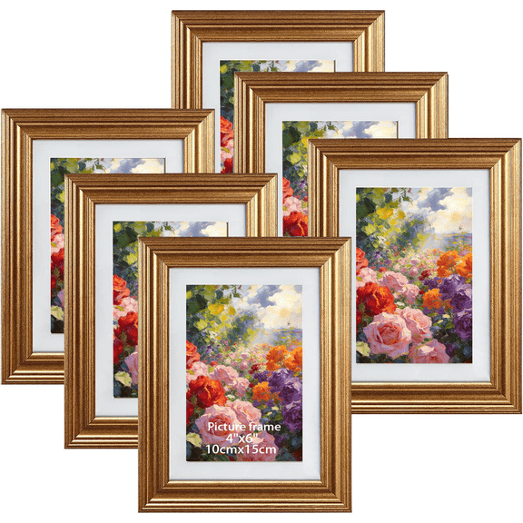 4x6 Picture Frames Set of 6 for Wall Mounted or Tabletop Display, Gold