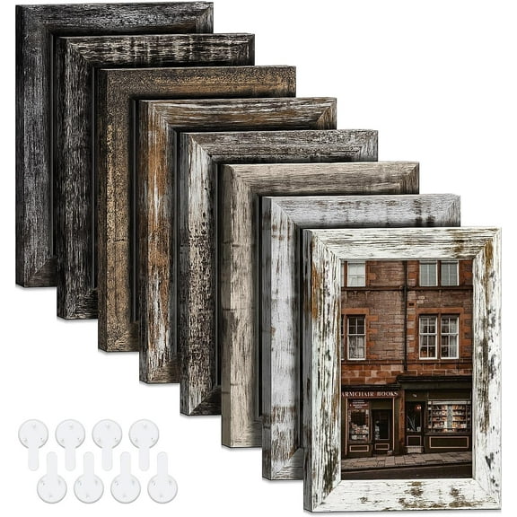 4x6 Picture Frames Set of 8, Vintage Rustic Farmhouse Industrial Style Photo Frames, High Definition Real Glass, for Tabletop or Wall Hanging