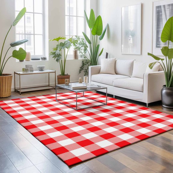 4x6 Red White Buffalo Plaid Area Rug for Living Room, Washable Non Slip Low Pile Soft Indoor Rug for Bedroom Dining Room, Plaid Checked Coffee Table Rug