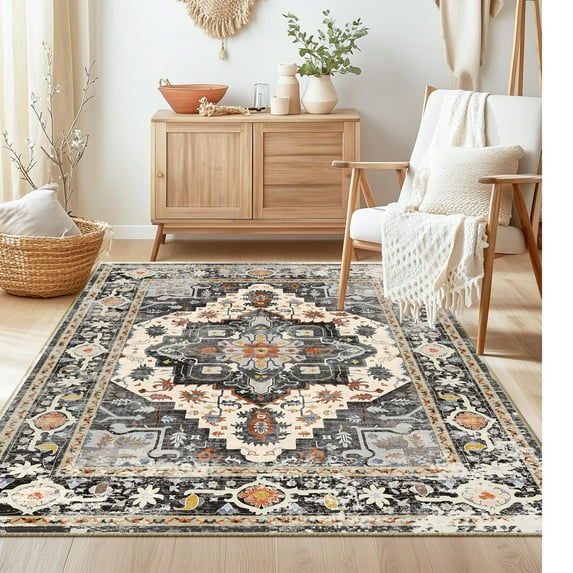 4x6 Rug - Stain Resistant Washable Rug, Anti Slip Backing Rugs for Living Room, Foldable Vintage Small Area Rugs, Black