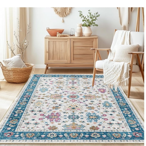 Dowellia Rugs for Bedroom,4x6 Rug - Stain Resistant Washable Rug, Anti Slip Backing Rugs for Living Room, Foldable Vintage Small Area Rugs, Indigo